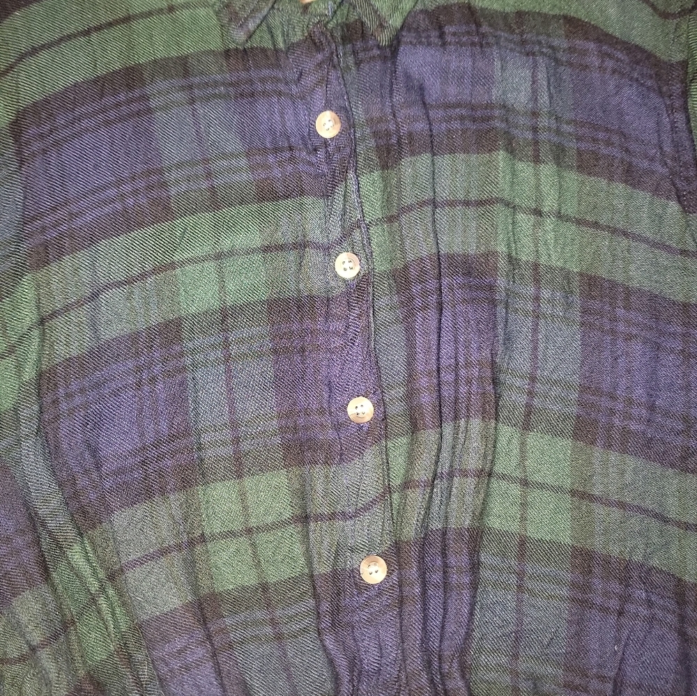 Style Envy Green Blue Plaid Tie Front Button Down Shirt Long Sleeves Lg - Picture 5 of 16
